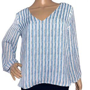 Lush Long Sleeve Striped V Neck Laced Back Relaxed Fit Lightweight Blouse M